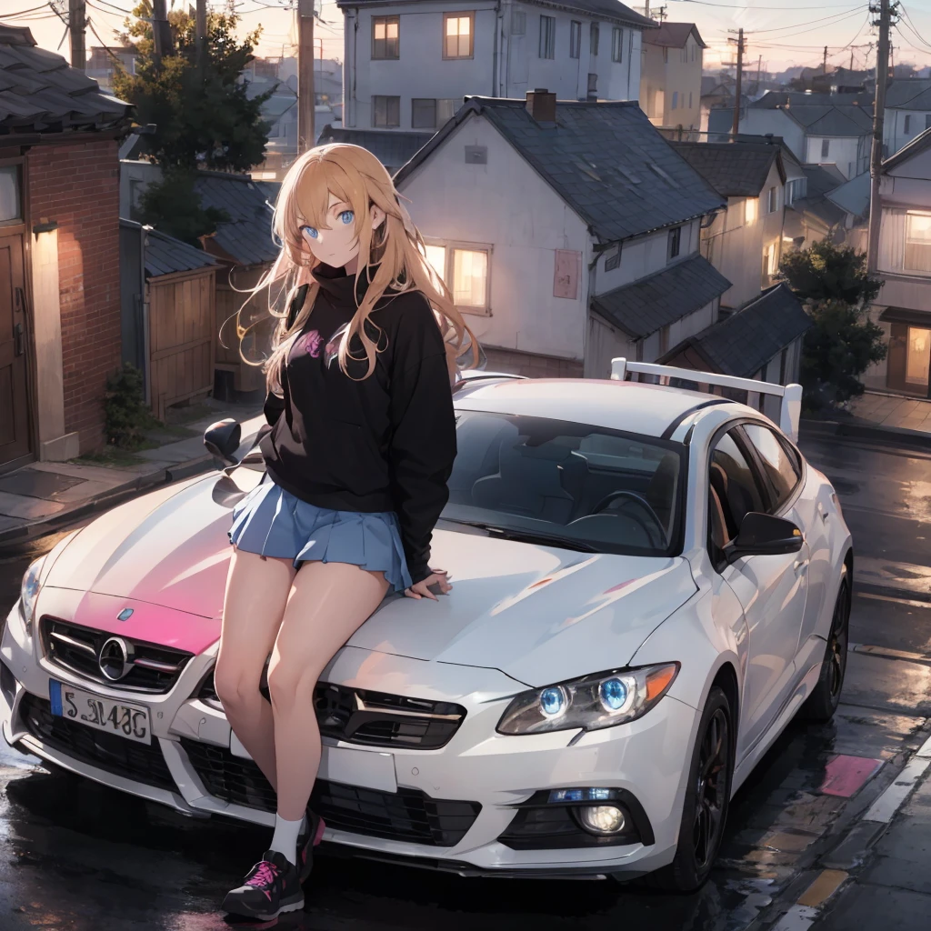 age woman ,long golden hair, blue eye,Wear black, Posing on the roof of a pink car ,colored lights,Morning.