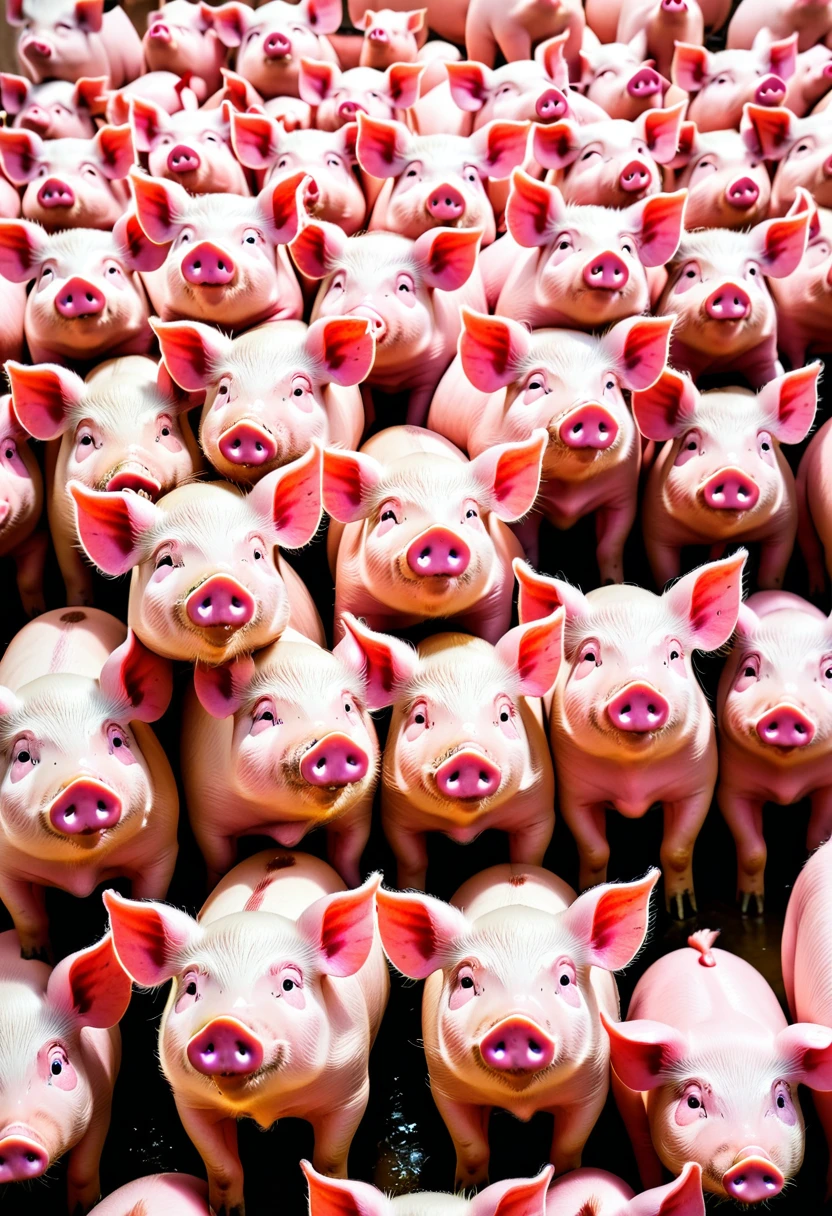A lot of pigs,Stacked on top of each othell the screen,Hyper-exposure
