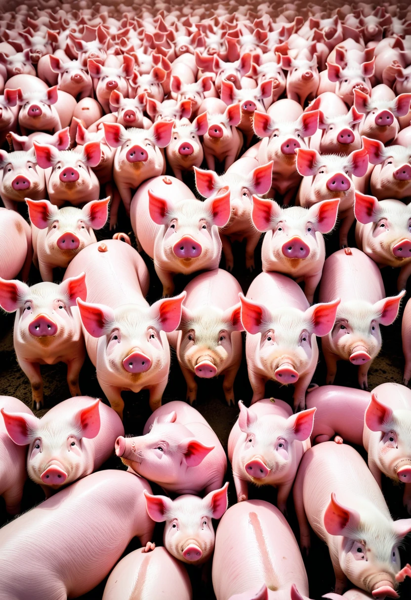 A lot of pigs,Stacked on top of each othell the screen,Hyper-exposure