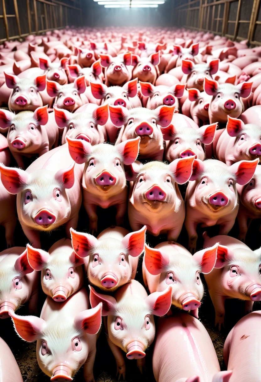 A lot of pigs,Stacked on top of each othell the screen,Hyper-exposure