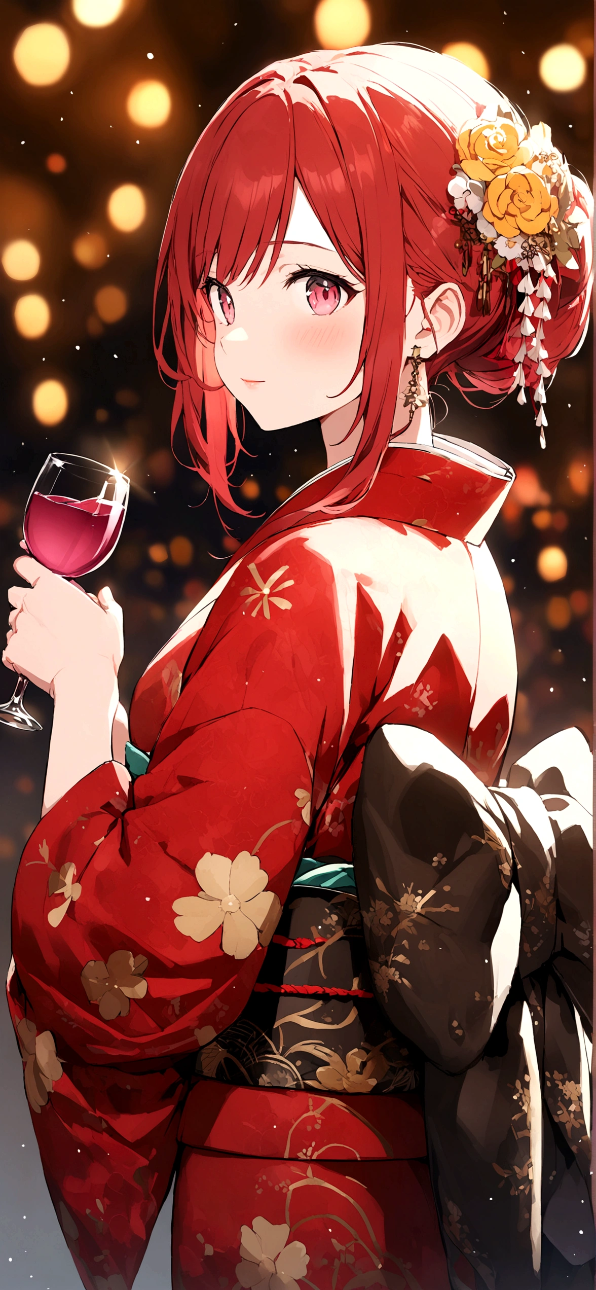 Holding a rocks glass of plum wine、kimono、Red Hair