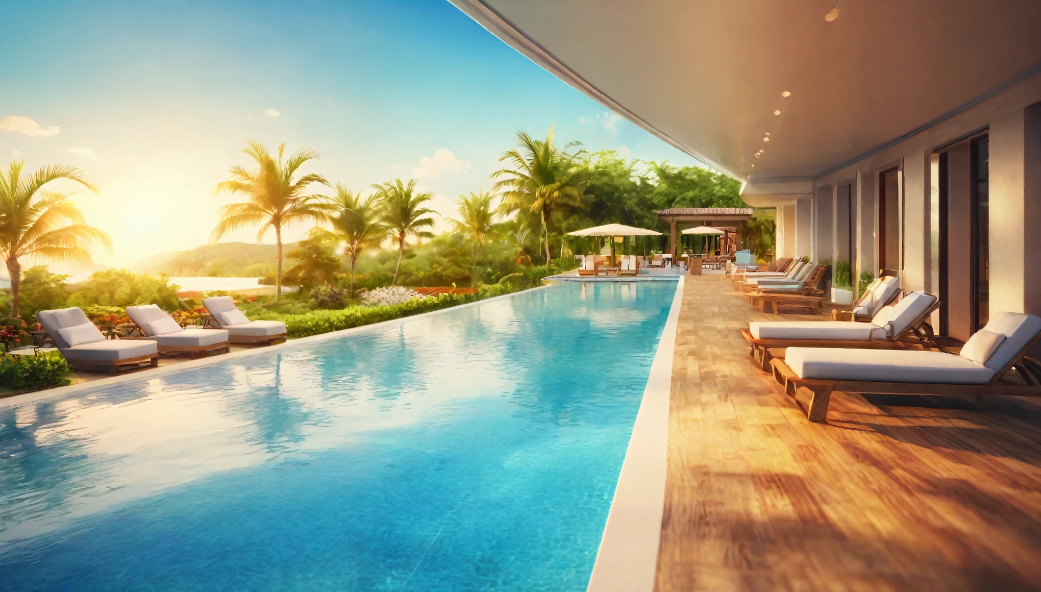 Resort hotels,Pool,Summer sky,noon,Blur the background,Glitter effect,Highest quality, 8K, High resolution, masterpiece:1.2, Very detailed, Realistic:1.37, High resolution, 超High resolution, Ultra-fine painting, Very detailed, Professional, Vibrant colors