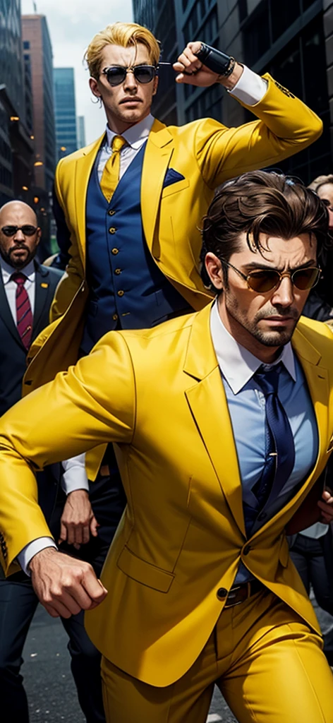 An entrepreneur wearing a yellow suit and sunglasses is fighting surrounded by zombies