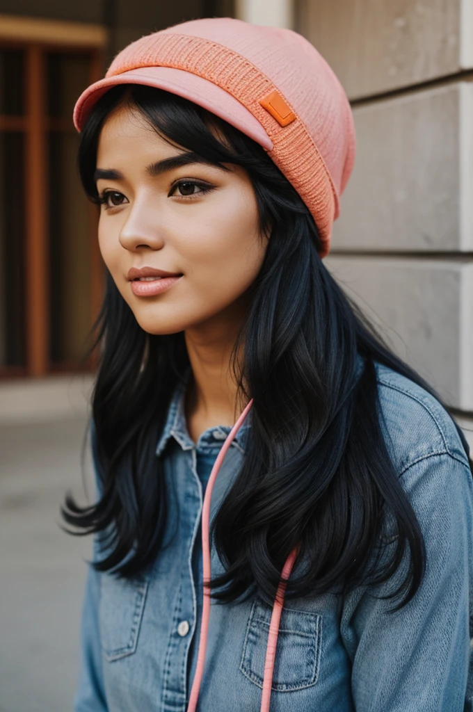 Woman use orange hat pink headphone black hair book on head black and blue shirt