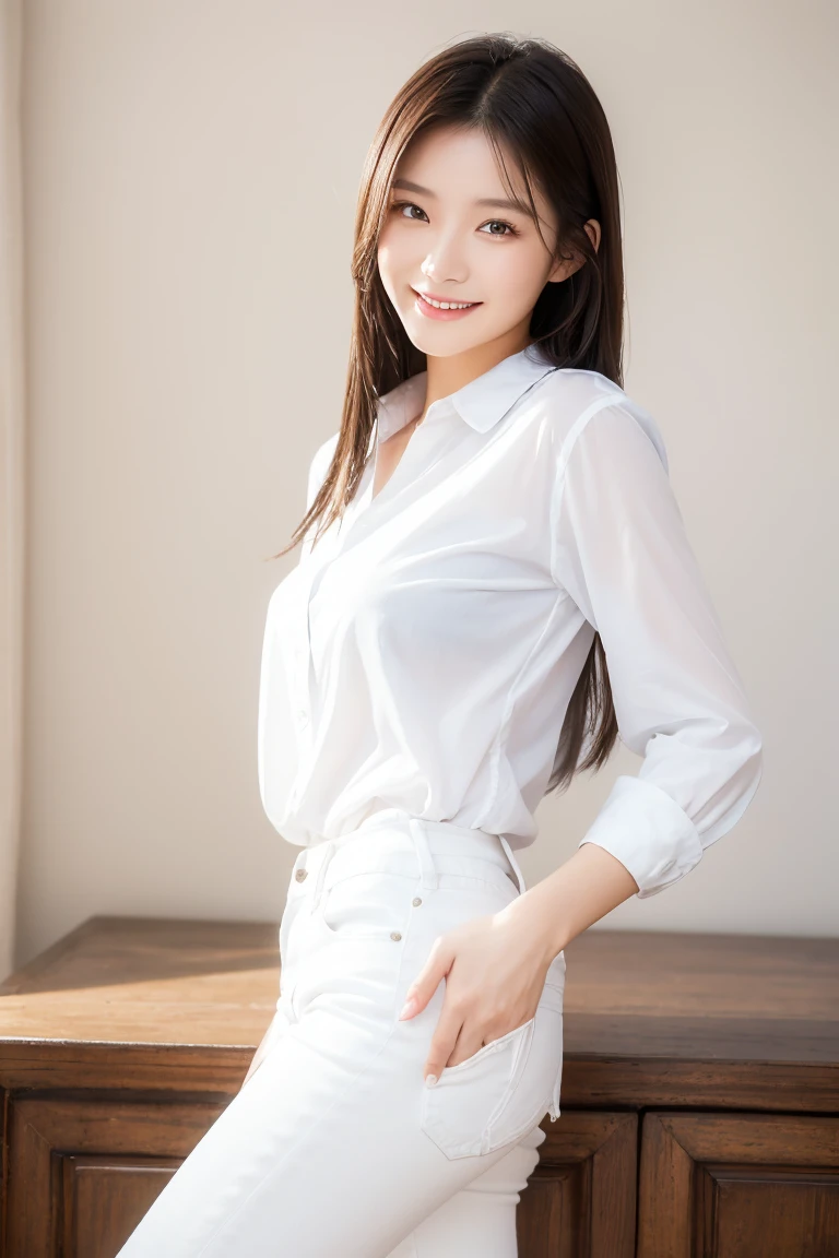 (Masterpiece), (Top Quality), (Realistic Photo), 8K Quality,
One Woman, Asian, Portrait, Beautiful Woman, (Perfect Beautiful Face), White Shirt, Short Jeans Pants, Smiling