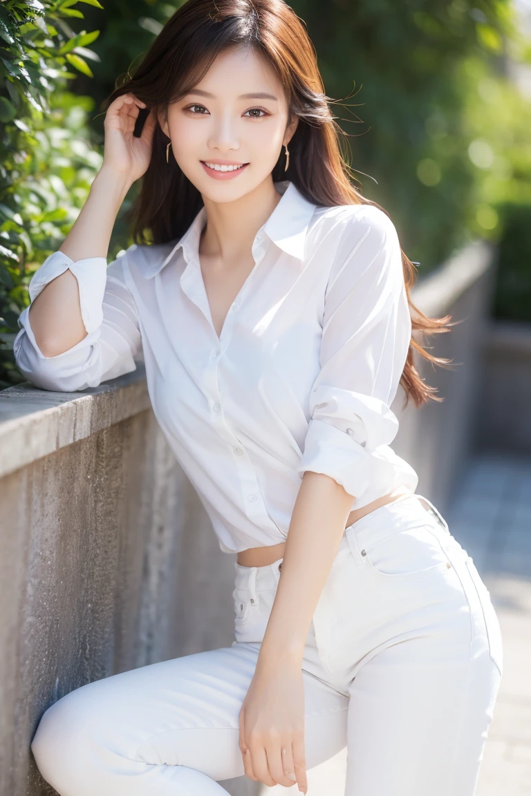 (Masterpiece), (Top Quality), (Realistic Photo), 8K Quality,
One Woman, Asian, Portrait, Beautiful Woman, (Perfect Beautiful Face), White Shirt, Short Jeans Pants, Smiling