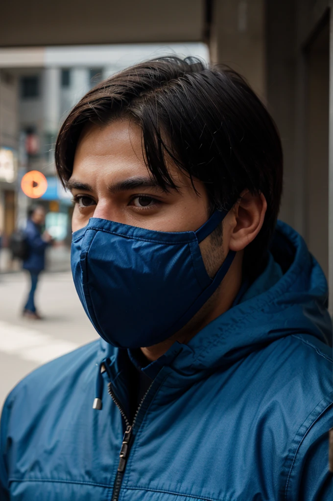 Translating text with the camera is a man in a blue jacket and wearing a mask