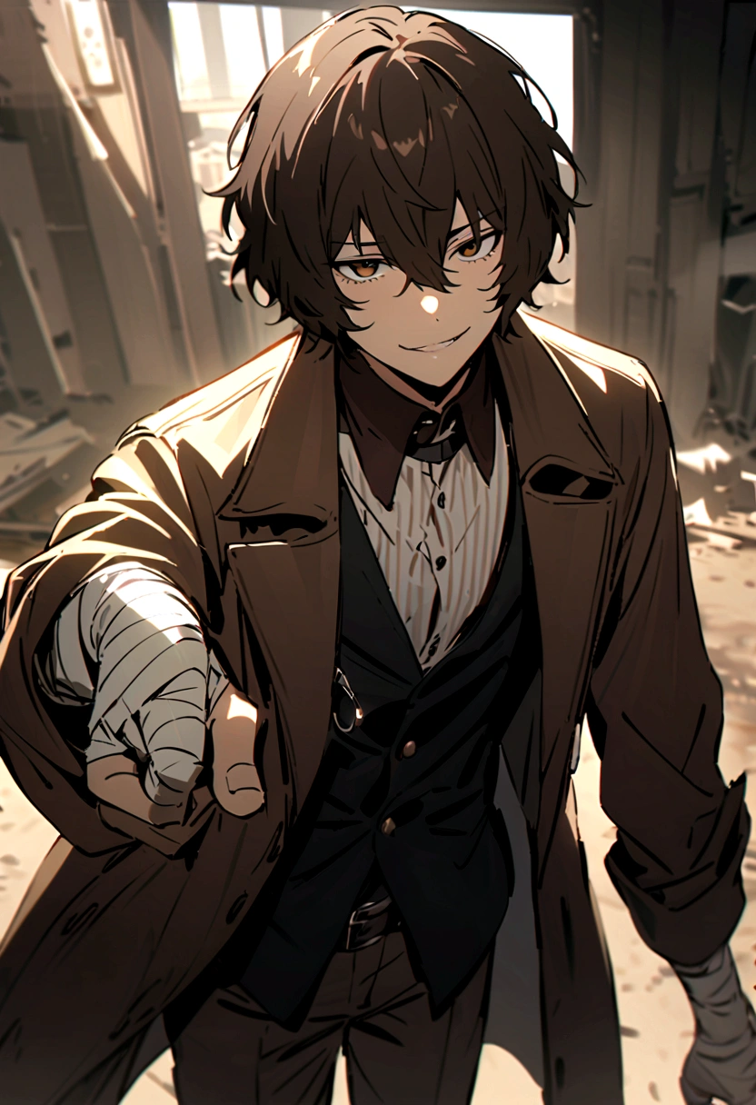 dazai, male focus, 1boy, brown hair, brown eyes, bandages, hair between eyes, shirt, pants, coat, short hair, vest, bandaged arm, smirk,