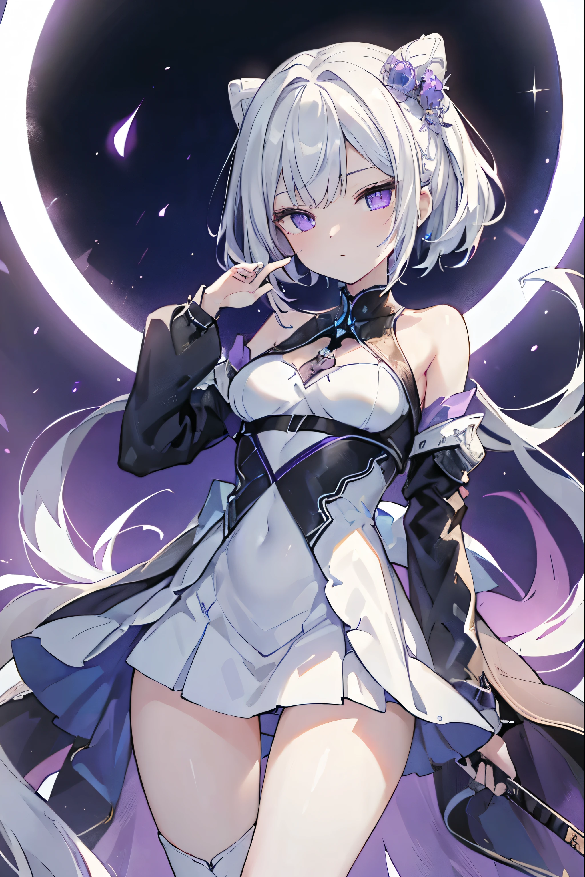 1girl, anime, cute girl, blank background, white background, fantasy, detailed fantasy dress with highlights, beautiful face, beautiful eyes, dark colors, black hair with multicolor streaks, red eye with different color pupil in eye, multicolor eye, medium breasts, slight cleavage, beautiful skin, cute, breast curtains, extremely delicate and beautiful, (beautiful detailed face:1.0), (detailed deep eyes), symmetrical breasts, deep eyes, shiny skin, portrait, slender waist, hips wider than shoulders, thighs, expressionless, young girl, luminous eyes, adorable，（Kpop idol）,（aegyo sal：1），（Platinum blonde hair：1），（（puffy eye）），Black panty，sexy posture，Superskirt, Ultra-high resolution，Black collar，slim figure, Abdominal y tattoo, womb tattoo，Tight-fitting leg ring，y tattoo on half-body，Bare skin, Armored hand，Hidden fingertips，Hand covered，Arm covered，Fist covered,{{beautiful detailed fingers}}, tufts of hair, moderate beautiful breast:1.0,(masterpiece:1.2), best quality, high-res, HDR, perfect face, intricate armor, delicate blue filigree, intricate filigree, red metalic parts, detailed part, dynamic pose, dynamic lights, cute face, neutral expression, shuimobysim, lotus, Hanfu, maxi skirt, dress conservatively 1girl, solo, long blue hair, standing, One lady,14years,((White hair) ,(Shiny purple bodysuit with microskirt),((Fantasy, Moon Night)), gradient_eyes,