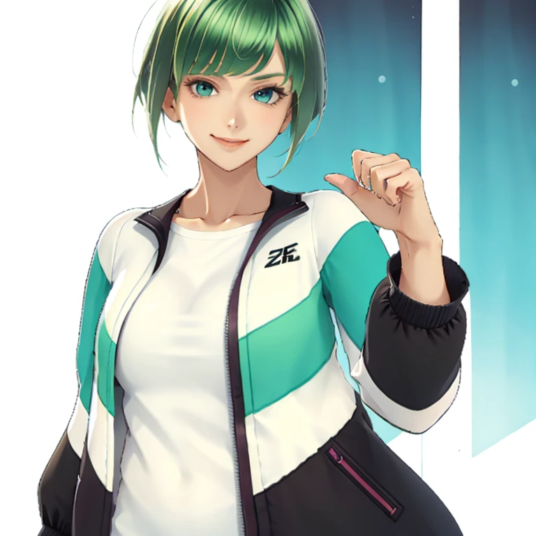 green hair,Emerald hair,short hair,short hair,bright face,upper body up,chest up,business woman,intellectual,smile,jacket,white shirt ,big bangs,beautiful bangs, laughter,drooling eyes, alone,Flow of hair that extends to the face,Big light blue eyes shine charmingly,green one piece,eyeliner,Shining white skin,