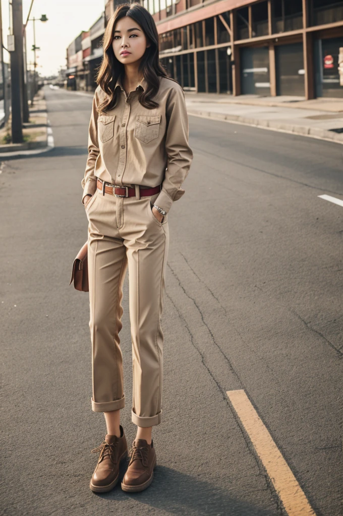 wrangler red long sleeves and docker beige pants outfit combination for girl