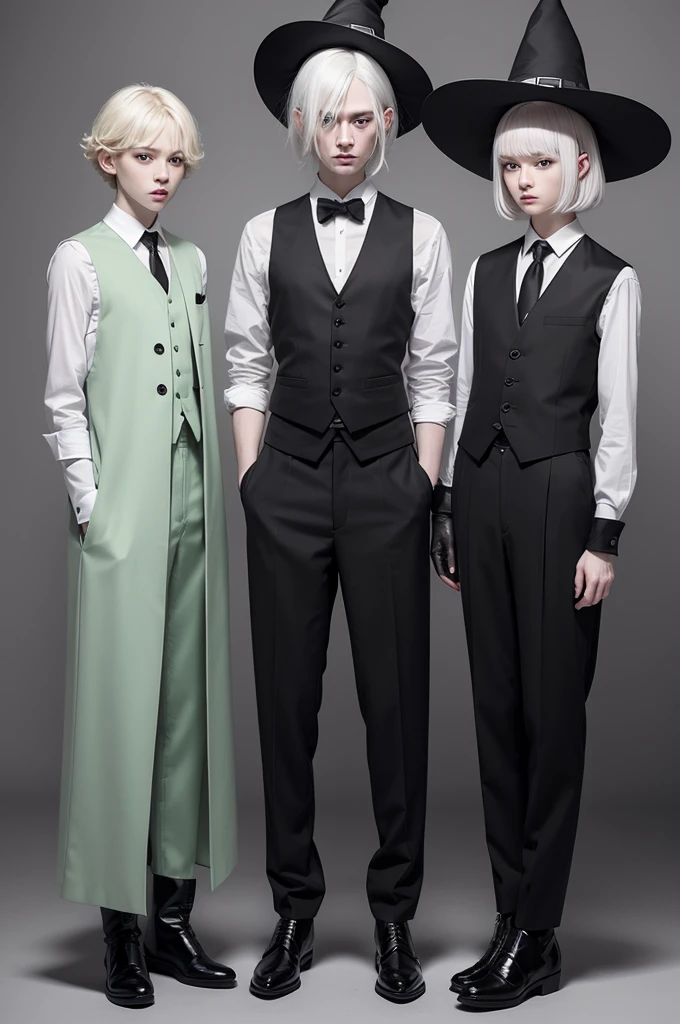 (“Pale skin”) + (“Albino”)+(“Pointy ears”)+(“short wavy hair with a center fringe, white hair”)+(“slim”)+(“tall”)+(“Light green eyes.”) + ( “7’der it is a black vest over a striped dress shirt”) + (“He wears black gloves that are long up to his arm.”) + “Tight black pants, dark brown boots.”) + (“Witch's hat”)