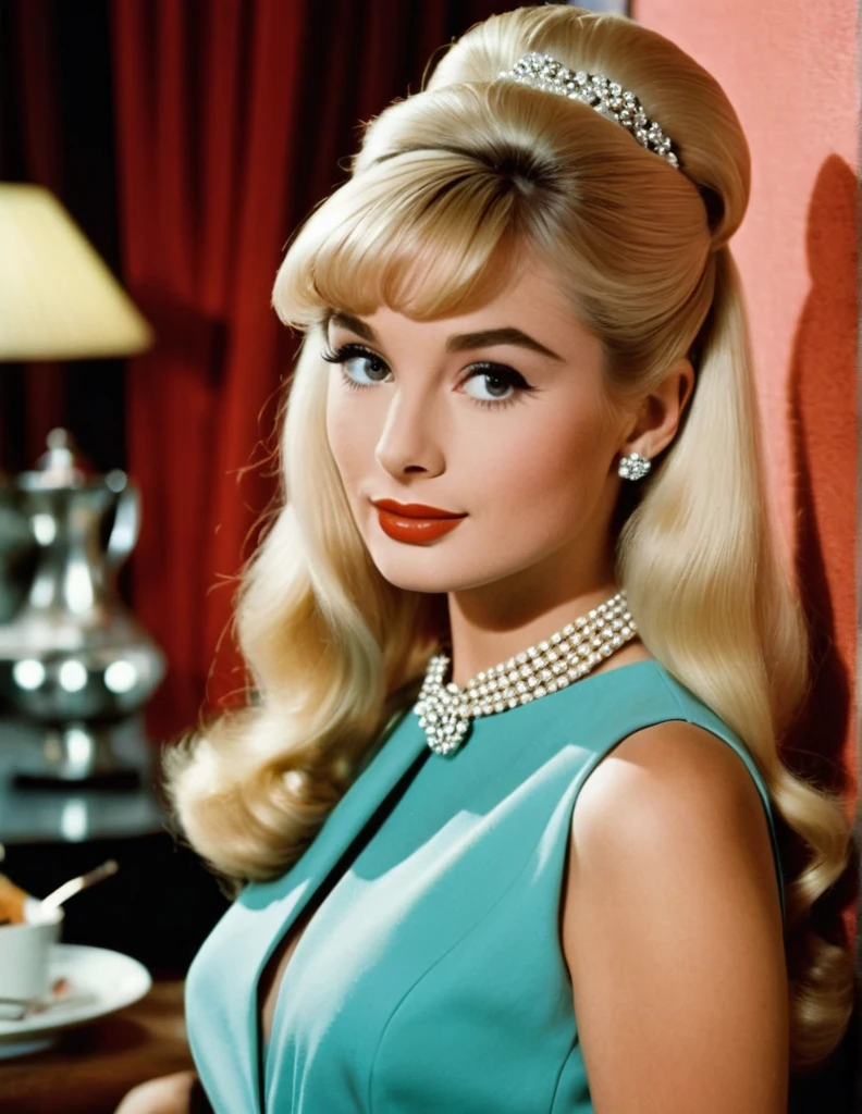 very attractive 25 year old girl with long platinum blonde hair, dressed as audrey hepbern from the poster for the film blreakfast at tiffanys, photo quality