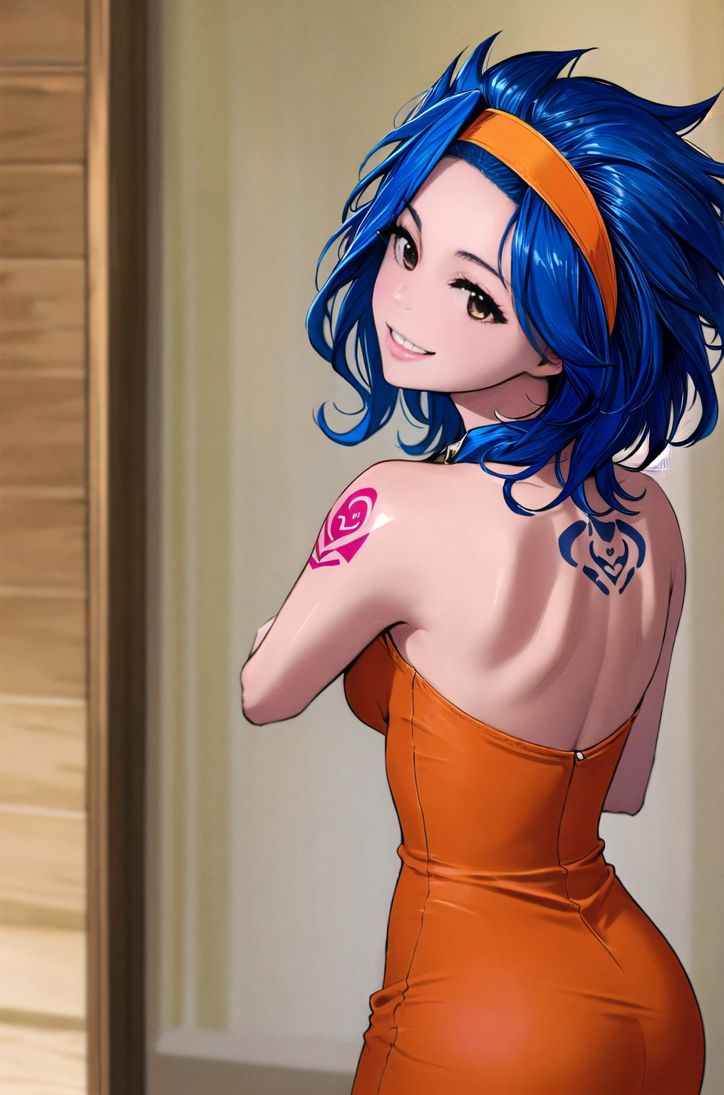 best quality, masterpiece,illustration,ultra detailed,
levy, levy mcgarden,1girl,solo ,breasts,blue hair,hairband, brown eyes,orange dress,smile,short dress,panties, Wearing a dog collar, Naughty tattoo on the back
 