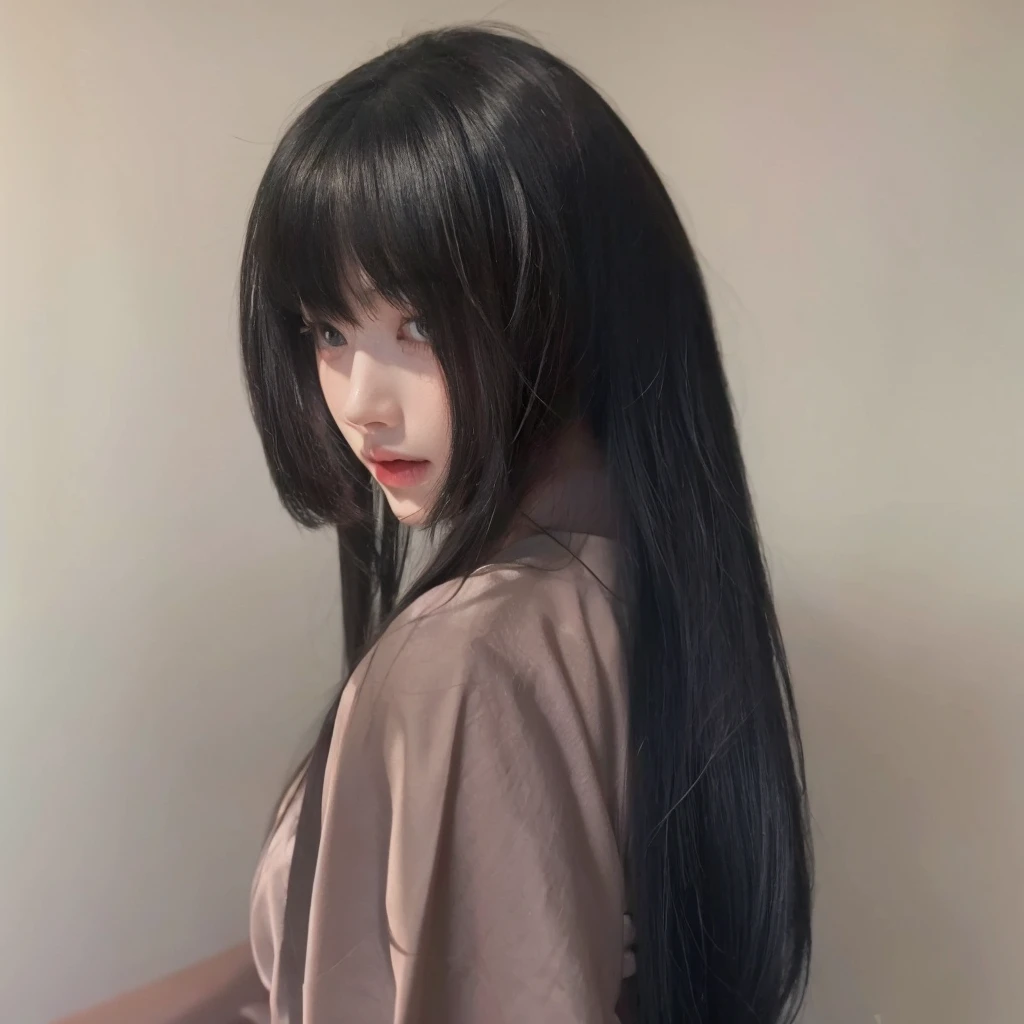 Princess cut straight hair，Natural and beautiful hair，Color uniform black，Pure color background advanced simplicity，Beautiful Princess Cut Hairstyle