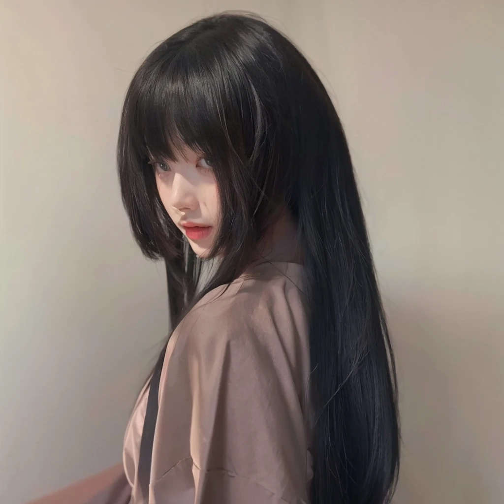 Princess cut straight hair，Natural and beautiful hair，Color uniform black，Pure color background advanced simplicity，Beautiful Princess Cut Hairstyle