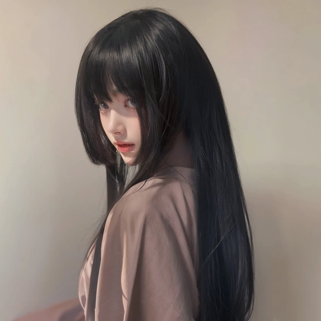 Princess cut straight hair,Natural and beautiful hair,Color uniform black,Pure color background advanced simplicity,Beautiful Princess Cut Hairstyle