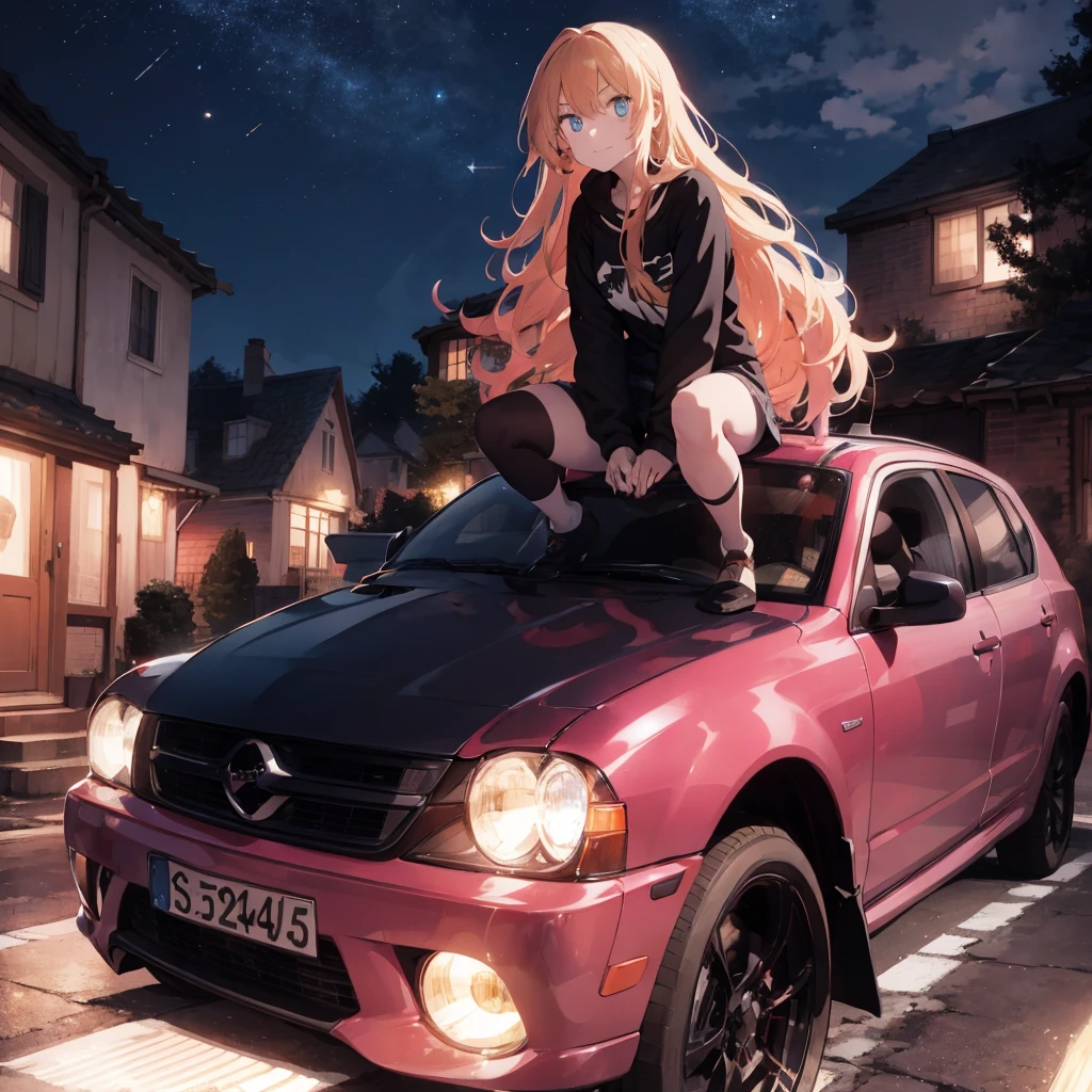 teenage woman ,long golden hair, blue eye,Wear black, Posing on the roof of a pink car ,colored lights,Morning.