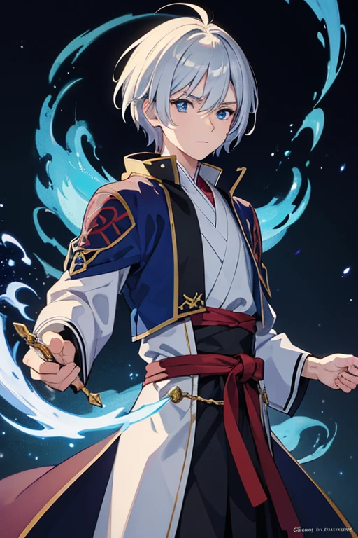 masterpiece, Highest quality, High resolution，Anime Style、Silver Hair、Short Hair、male、Wizard、Robe、magic、Blue flame and red flame