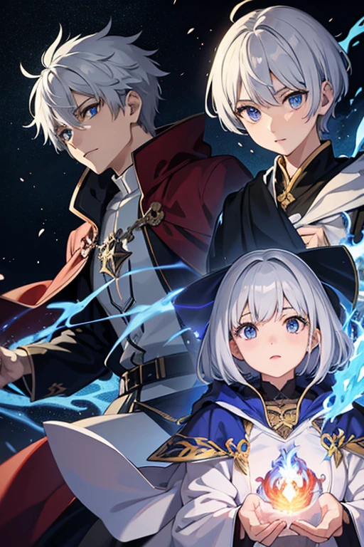 masterpiece, Highest quality, High resolution，Anime Style、Silver Hair、Short Hair、male、Wizard、Robe、magic、Blue flame and red flame