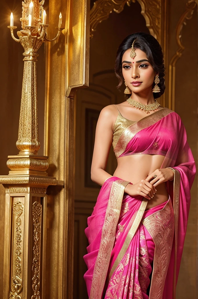 A beautiful lady and her saree is pink in colour and has golden design and beautiful lady