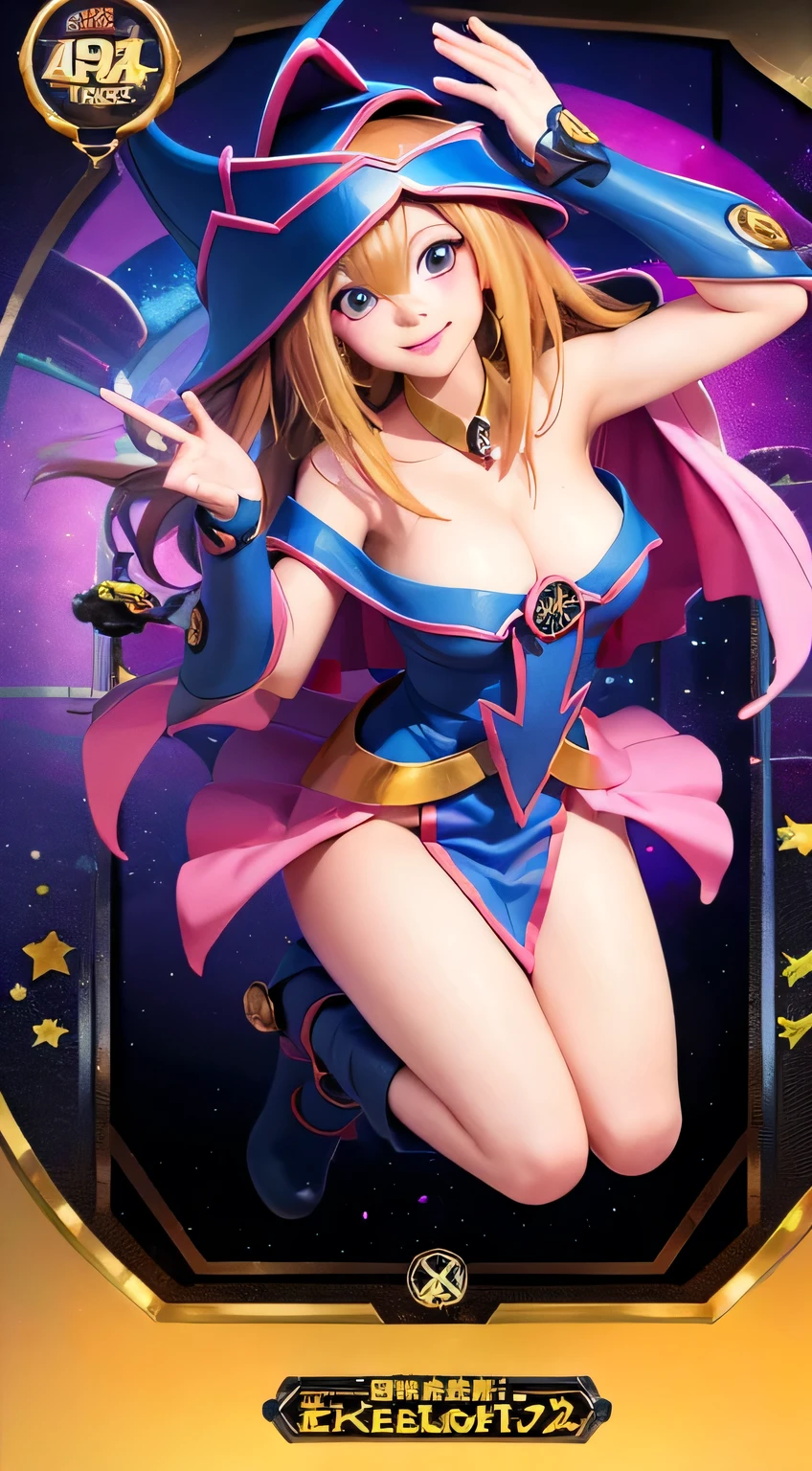 Dark magician girl beautiful smiling full body and very sexy very close to the screen almost leaving the screen