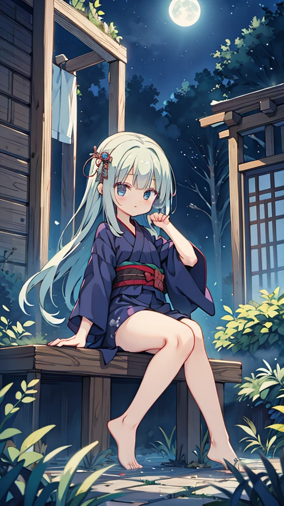 Night Sky、ruins、Sitting、Larger background、yukata、