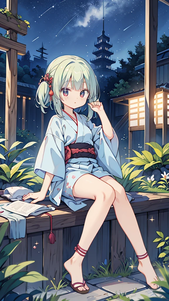 Night Sky、ruins、Sitting、Larger background、yukata、