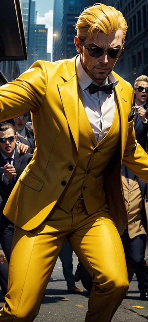 An entrepreneur wearing a yellow suit and sunglasses is fighting surrounded by zombies