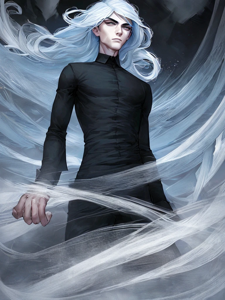 Handsome,High nose,Long eyelashes,Thin eyebrows,ephemeral,Black Shirt, blue,lonely,Ultra HD,From below,Lighting using airborne particles,Strong winds