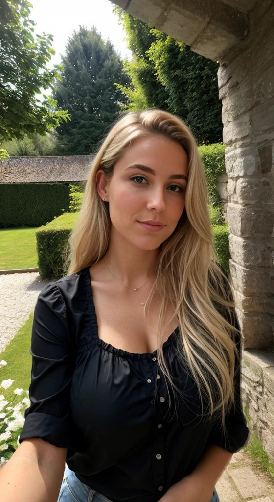 Une femme blonde de 23 ans, ((gros seins)), ((hyperréalisme)) ,. cheveux bruns avec des racines châtain clair. cheveux blond, Cheveux aux racines brunes, cheveux très longs, cheveux très longs, cheveux très longs, Beau, vue de face, selfie, photo prise avec iPhone, chemise noire élégante avec escote, Coupe-bas, selfie dans le jardin, haute qualité, selfie iPhone, clivage