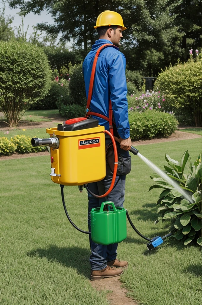 Create image from combination of traditional hoe and knapsack sprayer. The nozzle of knapsack sprayer merge it with hoe.