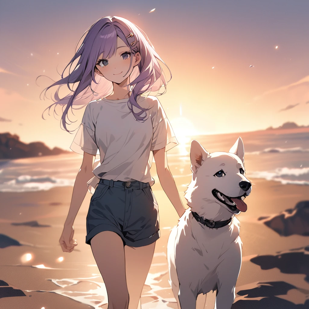(Cute a girl:1.5), (a girl with closs hair pin,pale purple hair,bluntbangs hair,green and black eyes, a girl is wearing a white T-shirt and navy blue shorts,,look at viewer:1.4), (masterpiece:1.3), anime visual, (Lovey-dovey:1.5), (tilt head:1.3), extremely delicate face, soft clean focus, realistic lighting and shading, (an extremely delicate and beautiful art:1.3), elegant, (muted colors:1.1), small breast,Taking an Akita dog for a walk in the sunset,smiling,