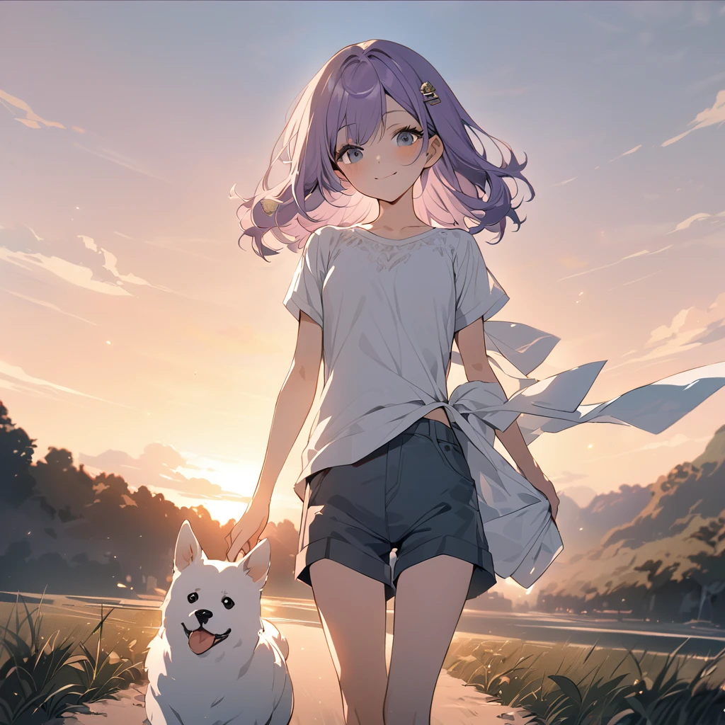 (Cute a girl:1.5), (a girl with closs hair pin,pale purple hair,bluntbangs hair,green and black eyes, a girl is wearing a white T-shirt and navy blue shorts,,look at viewer:1.4), (masterpiece:1.3), anime visual, (Lovey-dovey:1.5), (tilt head:1.3), extremely delicate face, soft clean focus, realistic lighting and shading, (an extremely delicate and beautiful art:1.3), elegant, (muted colors:1.1), small breast,Taking an Akita dog for a walk in the sunset,smiling,
