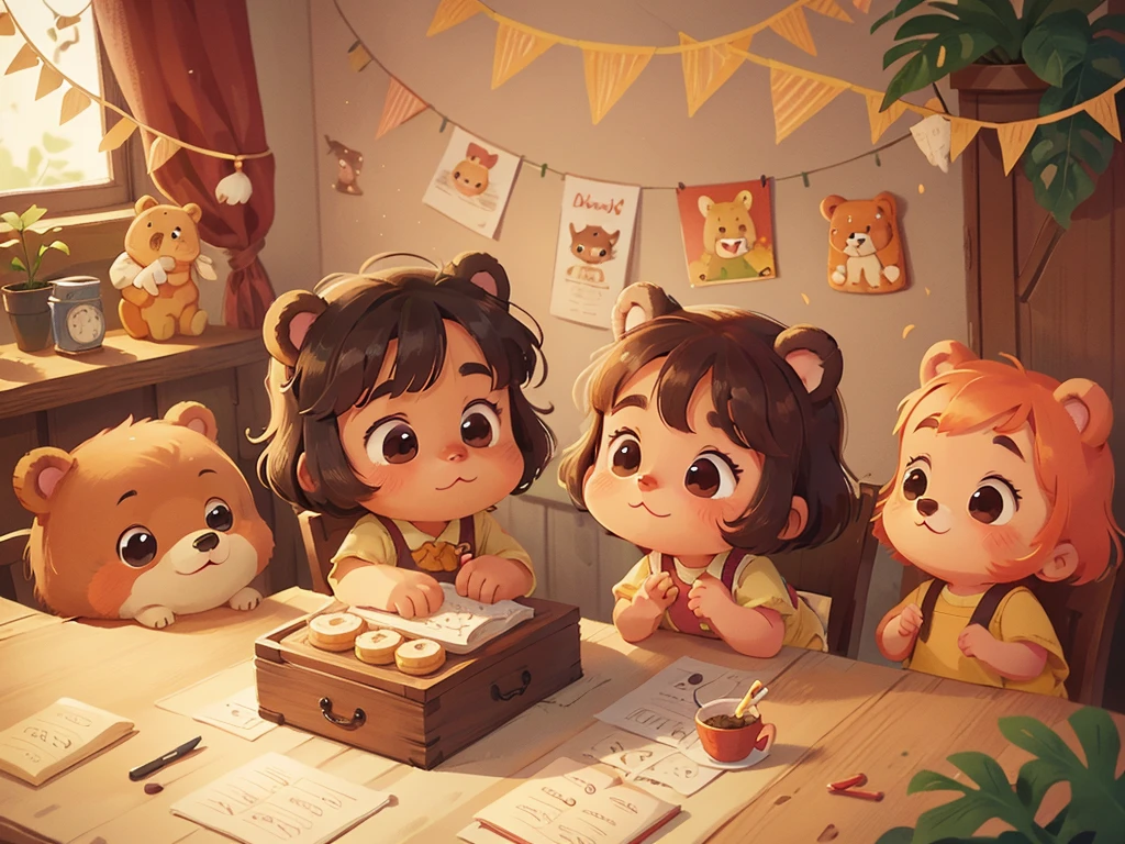 cartoon illustration,facial details,cute,indoor,table,birthday ,Little Bear,animal,Only animals