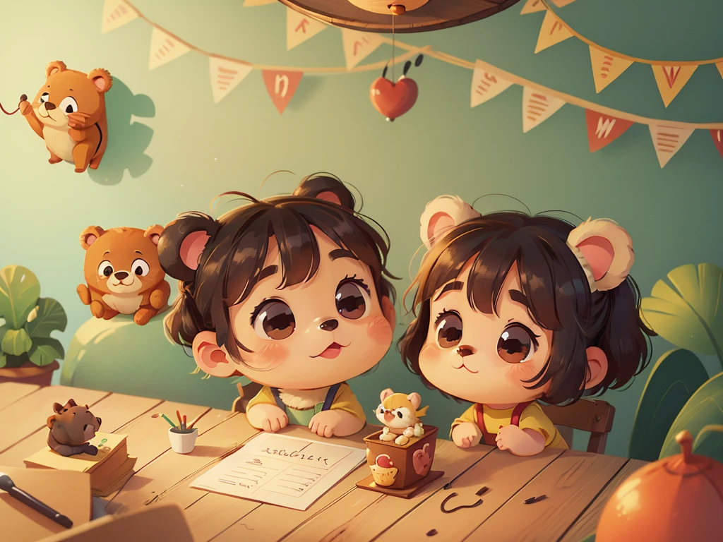 cartoon illustration,facial details,cute,indoor,table,birthday ,Little Bear,animal,Only animals