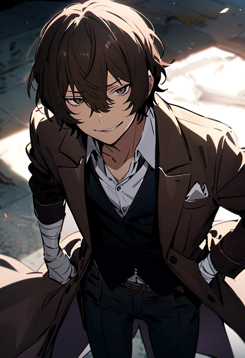 dazai, male focus, 1boy, brown hair, brown eyes, bandages, hair between eyes, shirt, pants, coat, short hair, vest, bandaged arm, smirk,
