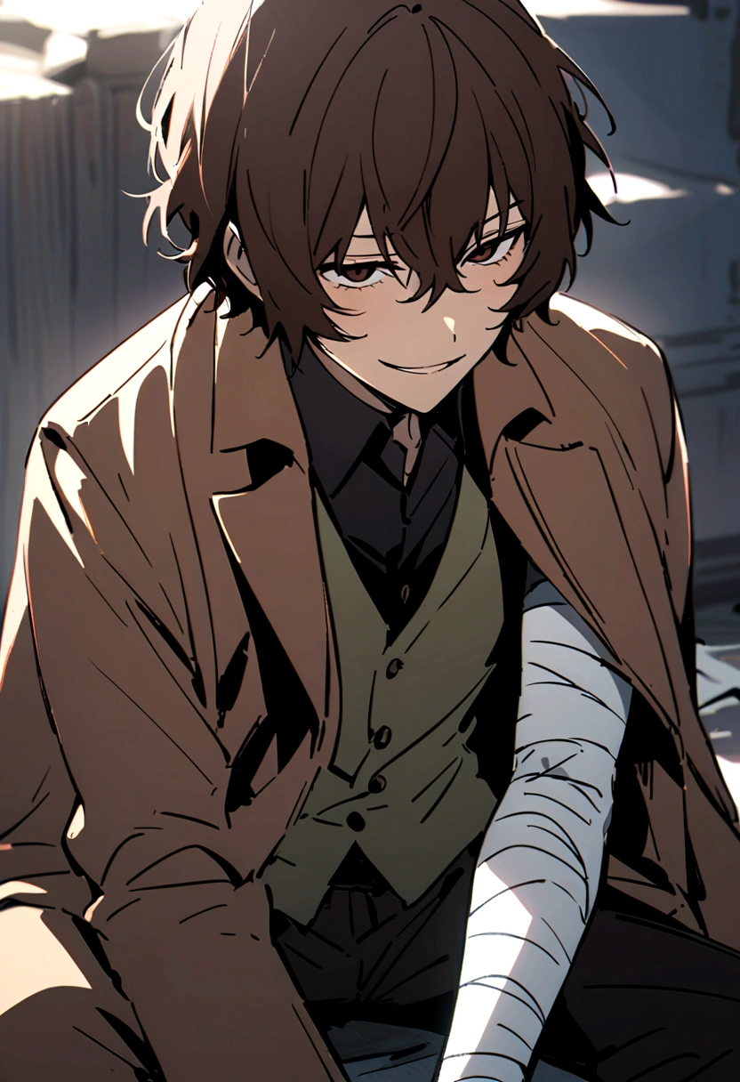 dazai, male focus, 1boy, brown hair, brown eyes, bandages, hair between eyes, shirt, pants, coat, short hair, vest, bandaged arm, smirk,