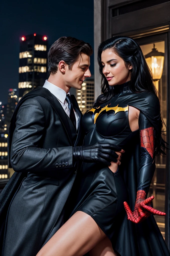 Spider man dancing with batman in the prom and batman is wearing black dress
