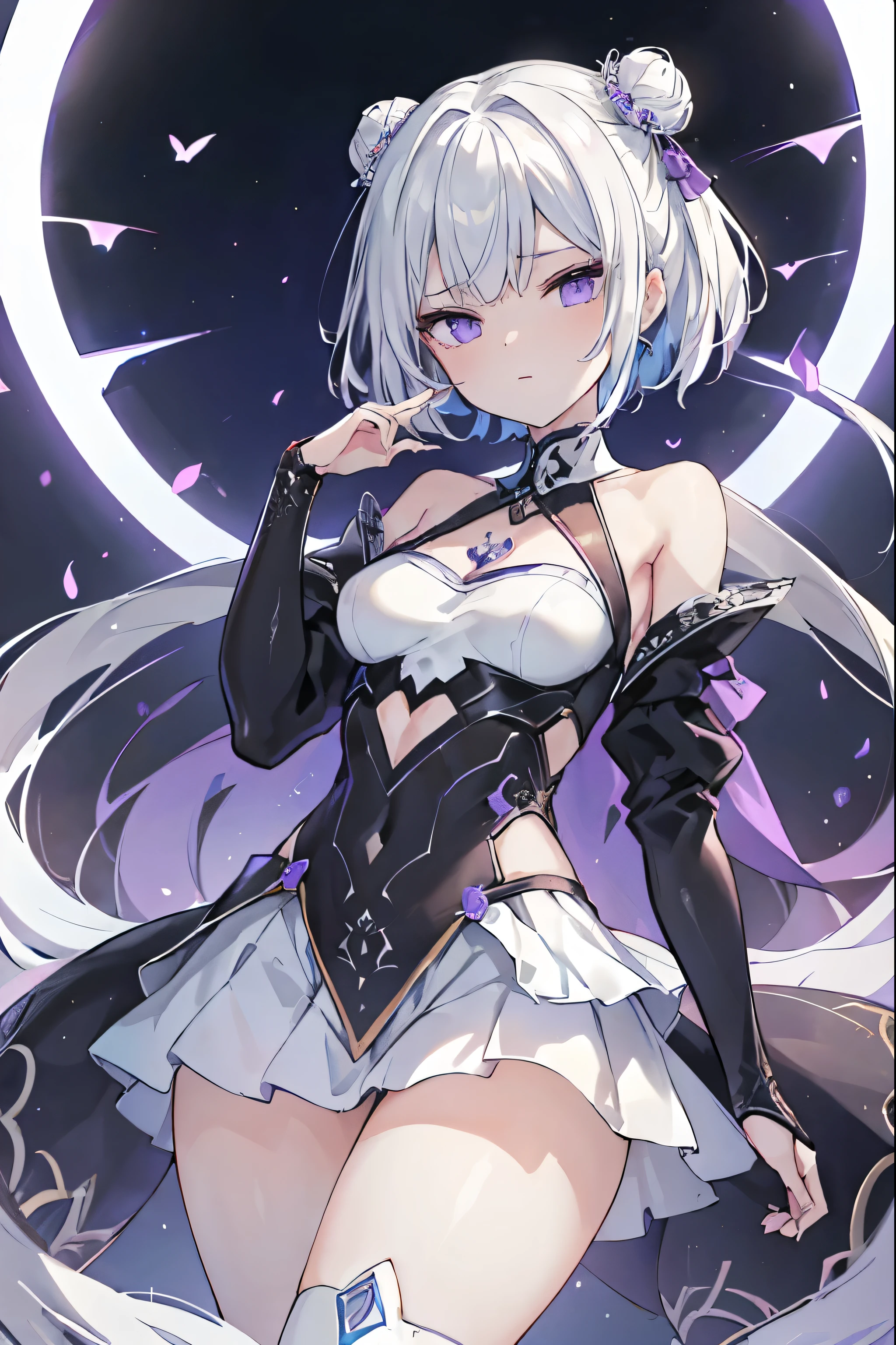 1girl, anime, cute girl, blank background, white background, fantasy, detailed fantasy dress with highlights, beautiful face, beautiful eyes, dark colors, black hair with multicolor streaks, red eye with different color pupil in eye, multicolor eye, medium breasts, slight cleavage, beautiful skin, cute, breast curtains, extremely delicate and beautiful, (beautiful detailed face:1.0), (detailed deep eyes), symmetrical breasts, deep eyes, shiny skin, portrait, slender waist, hips wider than shoulders, thighs, expressionless, young girl, luminous eyes, adorable，（Kpop idol）,（aegyo sal：1），（Platinum blonde hair：1），（（puffy eye）），Black panty，sexy posture，Superskirt, Ultra-high resolution，Black collar，slim figure, Abdominal y tattoo, womb tattoo，Tight-fitting leg ring，y tattoo on half-body，Bare skin, Armored hand，Hidden fingertips，Hand covered，Arm covered，Fist covered,{{beautiful detailed fingers}}, tufts of hair, moderate beautiful breast:1.0,(masterpiece:1.2), best quality, high-res, HDR, perfect face, intricate armor, delicate blue filigree, intricate filigree, red metalic parts, detailed part, dynamic pose, dynamic lights, cute face, neutral expression, shuimobysim, lotus, Hanfu, maxi skirt, dress conservatively 1girl, solo, long blue hair, standing, One lady,14years,((White hair) ,(Shiny purple bodysuit with microskirt),((Fantasy, Moon Night)), gradient_eyes,