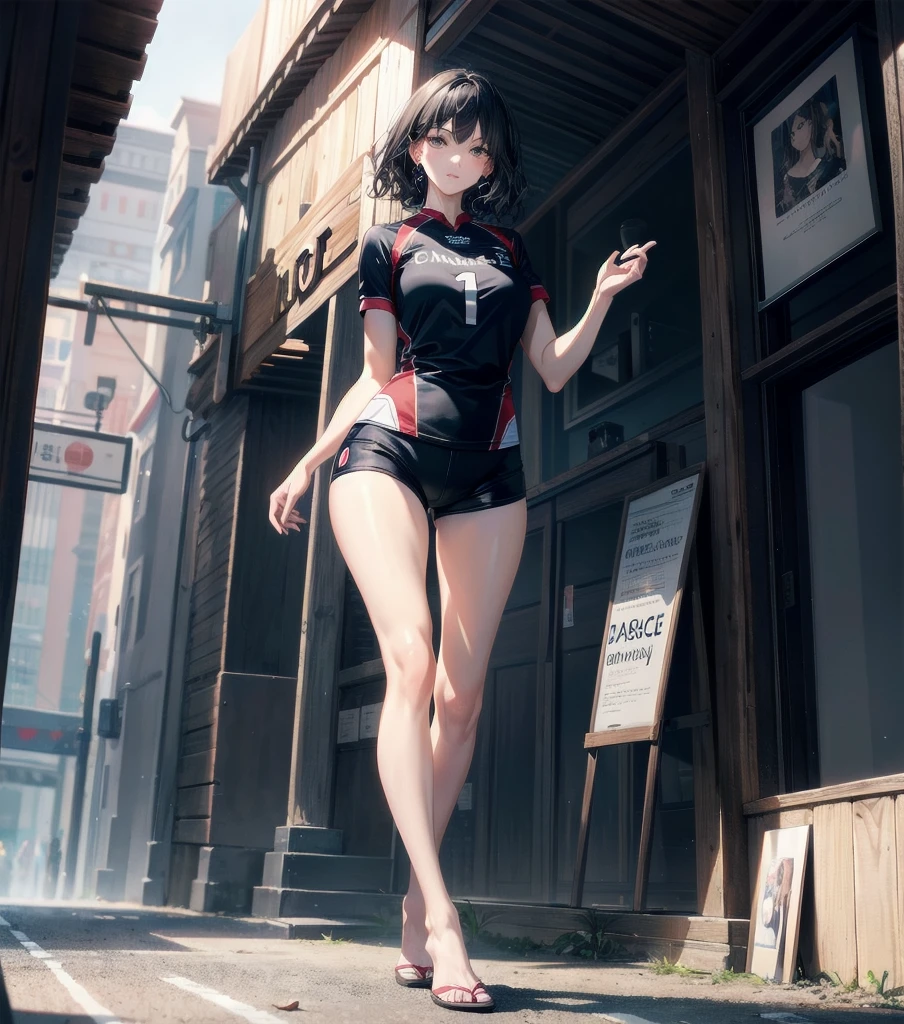 absurdres, RAW photo, extremely delicate and beautiful, masterpiece, Best Quality, ultra high resolution, 32k, hyperrealistic, ultra-detailed, Very detailed CG 8k wallpaper, Beautiful Lighting, Perfect Lightning, Realistic Shadows, perfect anatomy, super Detailed skin, perfect figure, Japanese woman, late 20s, very Slim body, narrow waist, very small head, handsome detailed woman, very detailed eyes and face, realistic face proportions, Stunning detailed eyes, Realistic beautiful face, very small face, Realistic small beautiful eyes, tearful mole, earring, bare legs, beautiful and very thin legs, beautiful and very thin thighs, very huge round breasts, full body shot, medium short hair, wavy hair, black hair, (volleyball Jersey:1.2), (shorts:1.2),