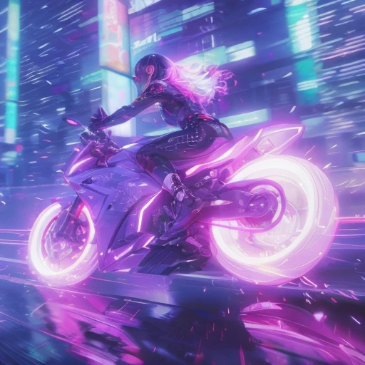 a young woman riding a futuristic motorcycle in the city, trail of lights, long exposure, akira anime style, highly detailed, cinematic, dramatic lighting, vibrant colors, neon lights, dark city background, intricate details, intricate mechanical design, powerful engine, dynamic pose, flowing hair, intense expression, speeding motion blur