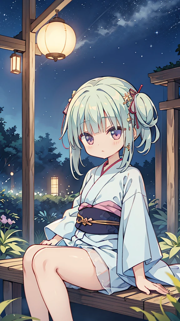 Night Sky、ruins、Sitting、Larger background、yukata、パンティが無い、