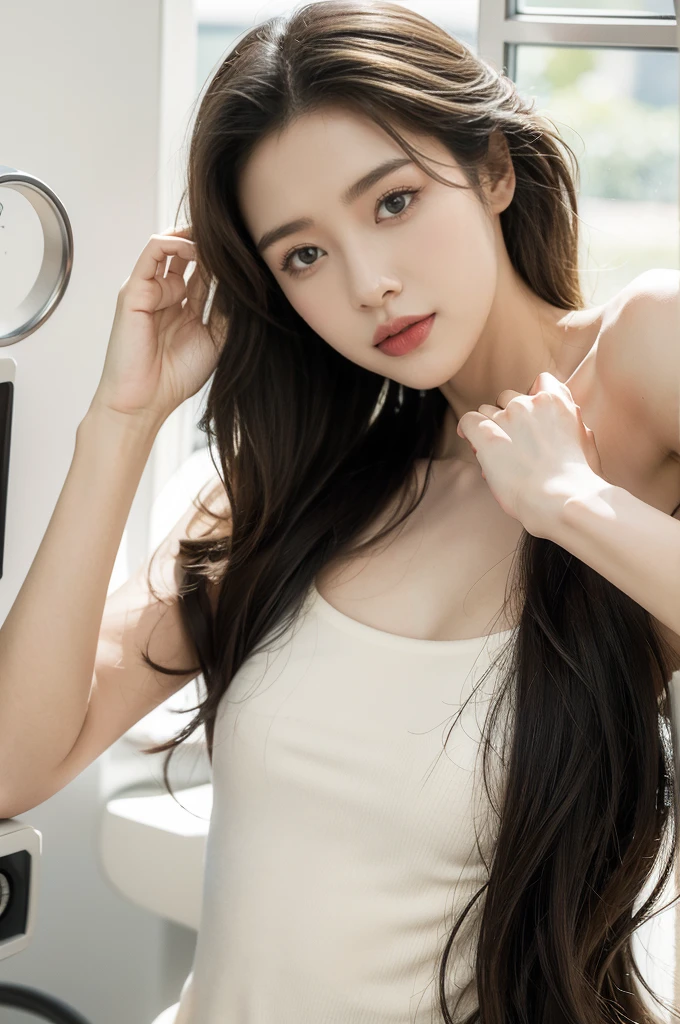 (((best quality))),(((ultra detailed))),(((masterpiece))),illustration,(close-up of face:1.3),(1 beautiful young girl,solo),(slim,thin),(small breasts,flat chest),radiant smile, pearly white teeth, deep soulful eyes,shoulder length straight hair, flowing locks, soft natural light, stunning,tank top,elegance,natural grace, sophistication, well-lit modern examining room, pristine white walls, comfortable clinical atmosphere, (large state-of-the-art vision testing machine:1.3), sleek design, polished surfaces, advanced technology, monitor, intricate patterns,intently studies, eyes shifting, focus, engaged, expressive features, concentration excitement, furrowed eyebrows, cupping chin, contemplation, soft fingers, controls, ease comfort, navigation equipment, confidence, intelligence, captivating photo, moment, curiosity, self-discovery, embark journey, explore eyes, deeper understanding vision,from front