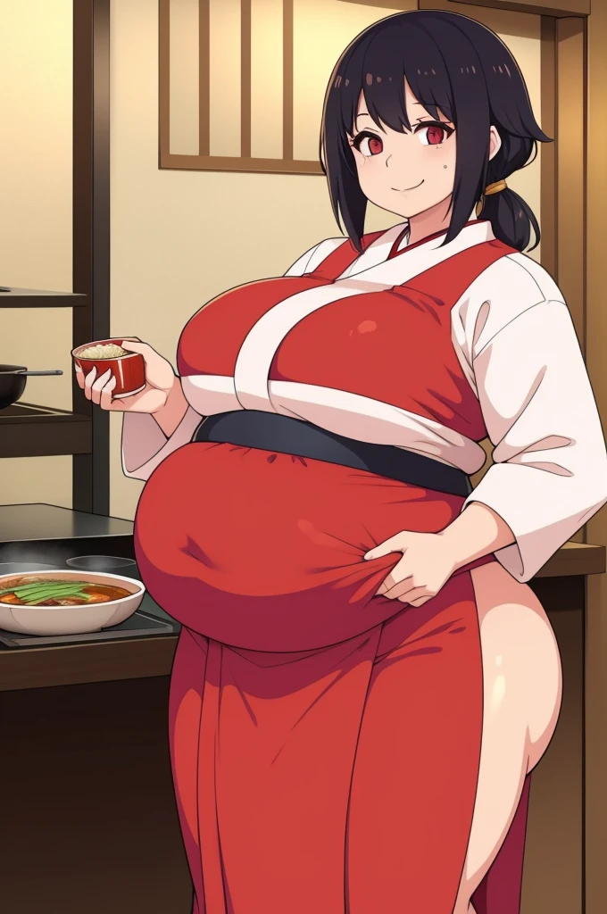 1woman, ramen chef, Japanese, cooking ramen, at a restaurant, Japanese clothes, fat, smiling, curvy, wide hips, thick.