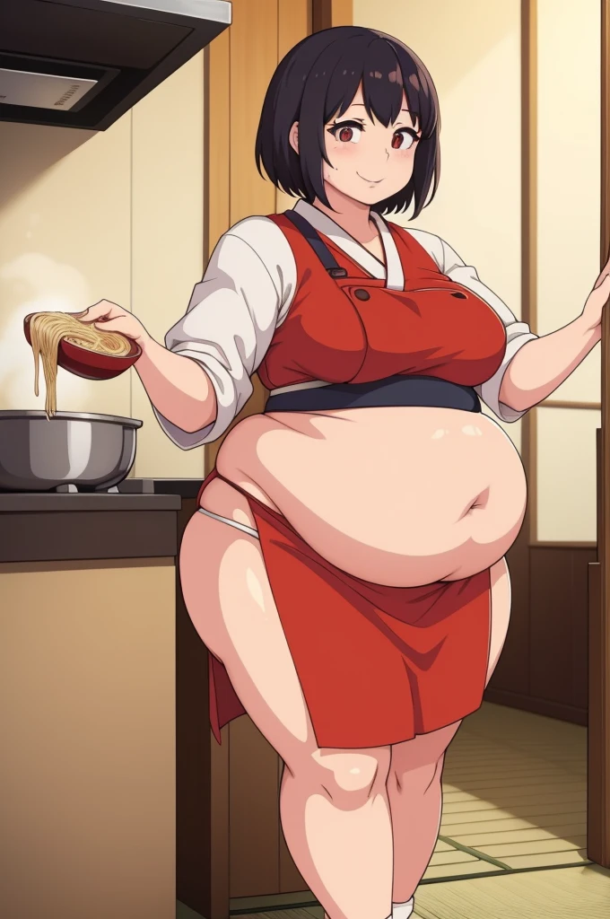 1woman, ramen chef, Japanese, cooking ramen, at a restaurant, Japanese clothes, fat, smiling, curvy, wide hips, thick.