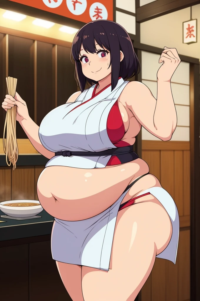 1woman, ramen chef, Japanese, cooking ramen, at a restaurant, Japanese clothes, fat, smiling, curvy, wide hips, thick.