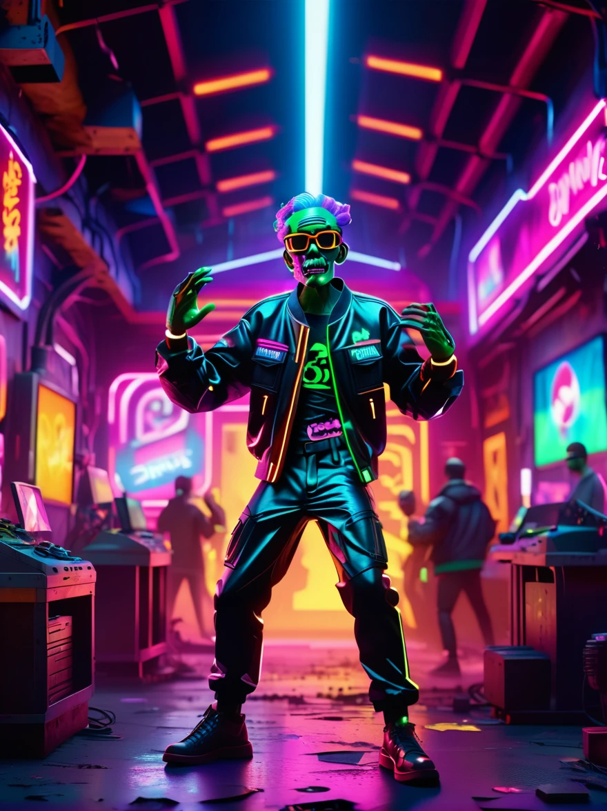 best quality, masterpiece, 3d, Pixar Artwork, Electronic variants, Cartoon zombie with big glasses in the factory,in a dynamic dancing pose within a colorful virtual reality world teeming with neon lights and vibrant holograms, The scene bears the influences of both pop art and graffiti, a truly cyberpunk-inspired ensemble with explosive energy, created using digital painting methods and radiant, glowing effects