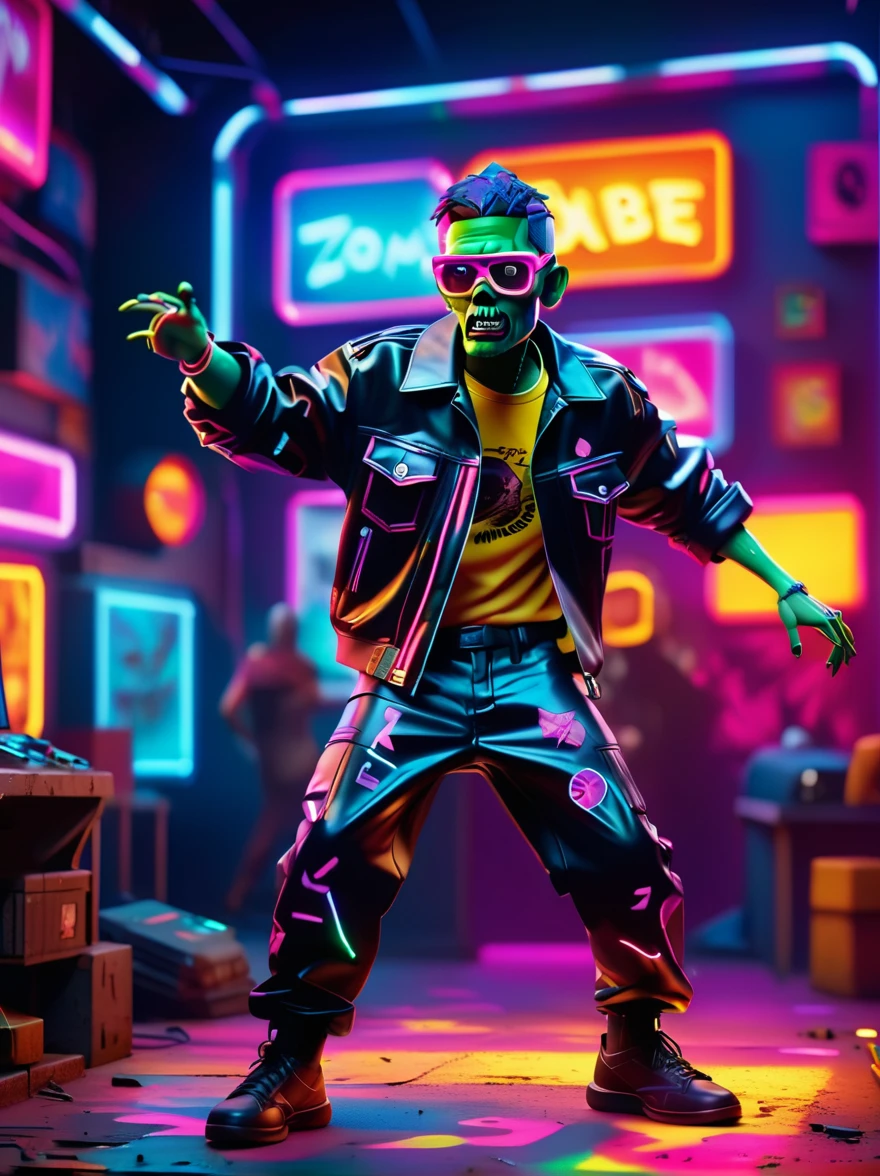 best quality, masterpiece, 3d, Pixar Artwork, Electronic variants, Cartoon zombie with big glasses in the factory,in a dynamic dancing pose within a colorful virtual reality world teeming with neon lights and vibrant holograms, The scene bears the influences of both pop art and graffiti, a truly cyberpunk-inspired ensemble with explosive energy, created using digital painting methods and radiant, glowing effects