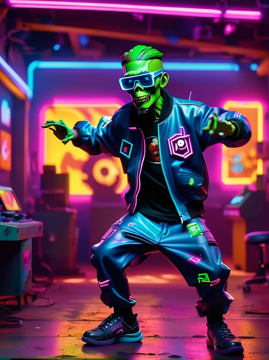 best quality, masterpiece, 3d, Pixar Artwork, Electronic variants, Cartoon zombie with big glasses in the factory,in a dynamic dancing pose within a colorful virtual reality world teeming with neon lights and vibrant holograms, The scene bears the influences of both pop art and graffiti, a truly cyberpunk-inspired ensemble with explosive energy, created using digital painting methods and radiant, glowing effects